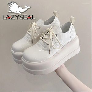 Zapatos informales LazySal de 7.5 cm Patente de patente Oxford Loafer Wedge Spring Autumn Women Fashion Sneakers Chunky