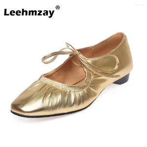 Casual schoenen Leehmzay maat 33-42 vrouwen ballet splitsen zachte echt lederen veter lage hakken ins mode zilvergoud 2024 lente jurk