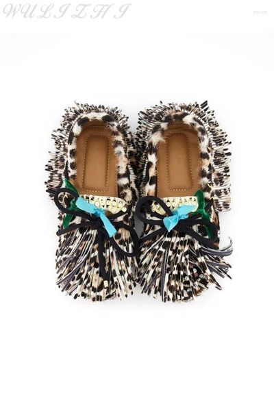 Chaussures décontractées Leopard Imprimerie plate Femmes Trendy Fringe Lacet Up Design Mandis veau en cuir en cuir Décoration Street Style
