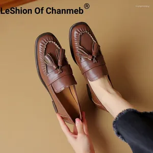 Chaussures décontractées LeShion de Chanmeb Femmes Mocassins En Cuir De Mouton Rétro Glands À Franges Slip-on Paresseux Plat Vintage Mocassins Plissés Marron Printemps