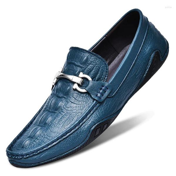 Zapatos casuales mocasadores de cuero genuino slip en hombres de lujo mocasines de hombres mocassin homme moquasines hombre azul negro gris