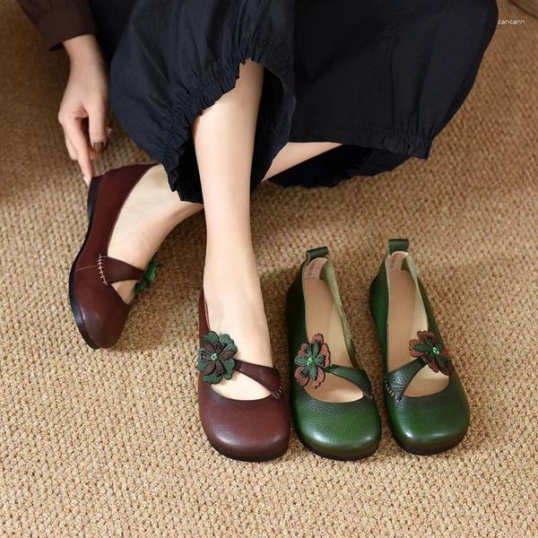 Zapatos informales mocasines planos de mujer de cuero suave flor verde señoras hechas a mano niñas tacones bajos genuino primavera 2024