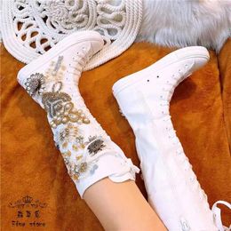Chaussures décontractées luxueux genou haute coupe toile femmes à lacets mi-mollet bottes talon plat femme haut chaussures plates
