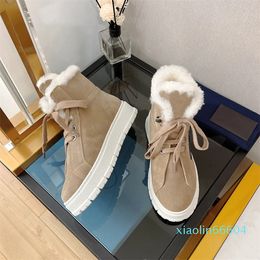 Casual schoenen Luxe ontwerper Warm Fur Women Snow Boots Fashion Echte Suede Leather Lace Up Platform Wedges Combat Boot Herfst Winter High Top Sneakers