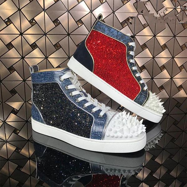 Zapatos informales de lujo hechos a mano con puntas de cristal para hombre, zapatillas con plataforma roja y blanca, con cordones, para motocicleta de alta calidad