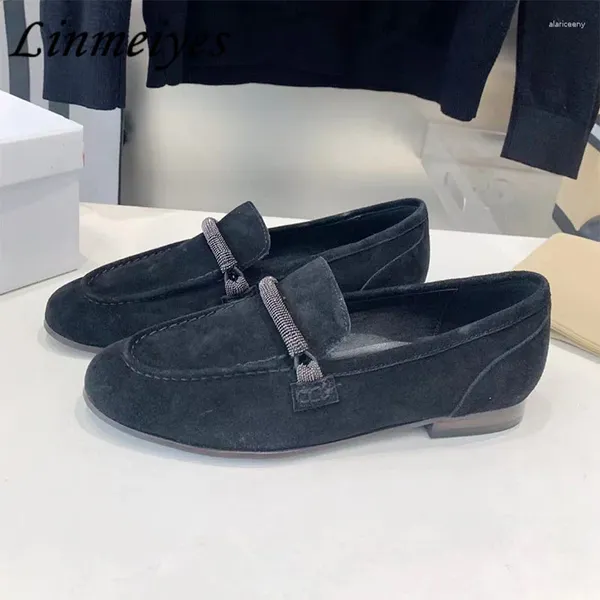 Zapatos informales, mocasines de piel de ante de lujo para mujer, zapatillas planas sin cordones con punta redonda, cómodas zapatillas con cuentas para caminar para mujer