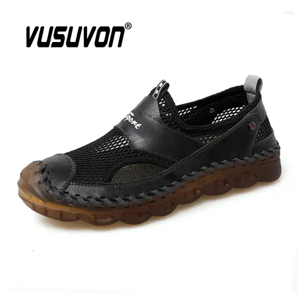 Zapatos casuales hombres sandalias de cuero genuinas playa primavera verano zapatilla de tobillo vintage clásico macho de moda negra de goma de goma de moda