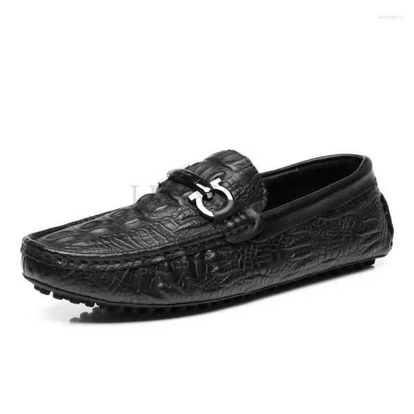 Mocassins d'été en cuir véritable pour hommes, chaussures décontractées, Texture Alligator, à enfiler, chaussures plates noires, de luxe, pour la conduite