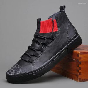 Chaussures décontractées Men Pu En cuir Fashion Fashion Male High Top Sneakers Lacet Up Men's Black Flats