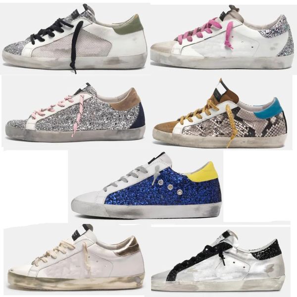 Chaussures décontractées Design classique pour hommes et femmes Doré Cuir blanc à carreaux plat Paillettes vieux talons sales Suede Semelle crème Cuir blanc à carreaux plats à sequins Baskets Taille 35-46