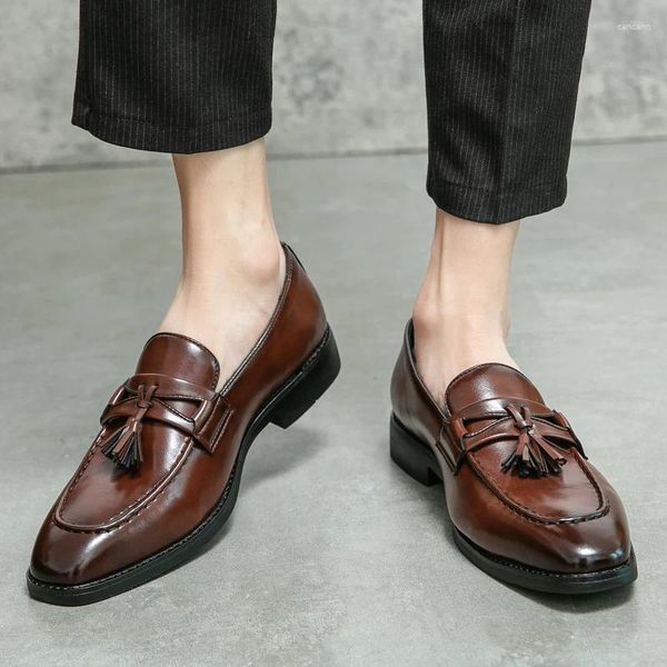 Zapatos casuales de ropa formal para hombres Brown Tassel Slip-On Business Boda hecho a mano