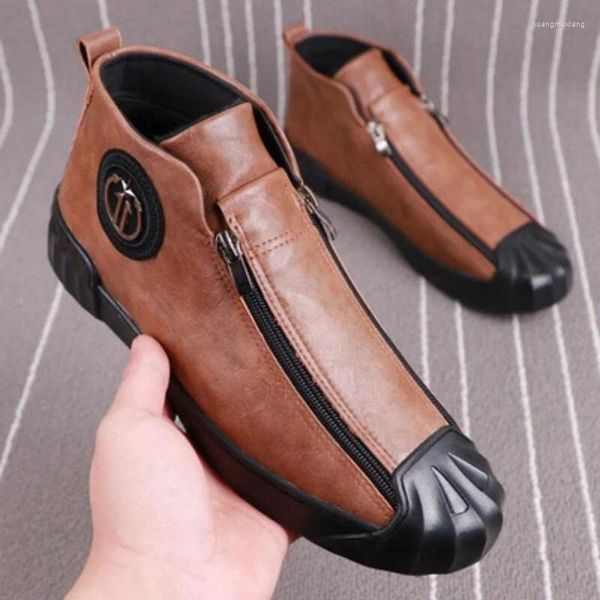 Chaussures décontractées baskets hauts pour hommes zipper adulte quotidien synthétique en caoutchouc solide en cuir doux