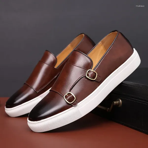 Chaussures décontractées en cuir pour hommes, mocassins de Style britannique à la mode, chaussures plates d'extérieur à enfiler, moine