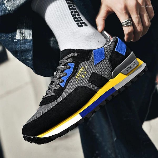 Zapatos casuales deportes masculinos hechos de genuino parche de gamuza de cuero encaje anti -slip caminando cómodo tenis corriendo w w