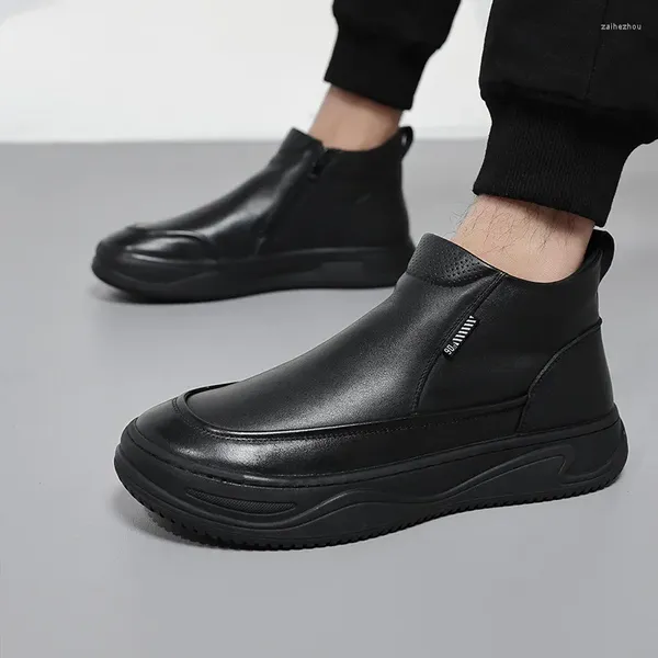 Zapatos casuales botas de algodón calientes de algodón con algodón de algodón de moda para hombres de cuero de vaca negra de invierno para hombres