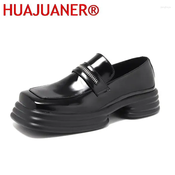 Zapatos informales para hombre, mocasines de charol con punta cuadrada, vestido de plataforma para hombre, tacón grueso Vintage, fiesta Formal para hombre