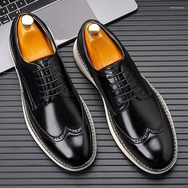 Zapatos informales para hombre, vestido Formal de boda de negocios, zapato Brogue tallado con cordones de cuero Original, calzado de caballero negro y marrón para hombre