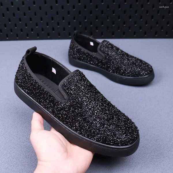 Zapatos casuales para hombres Rhinestone Slin-On Cow Leed Flats Zapato Black Plate Black Party Party Diseñador Diseñador de calzado