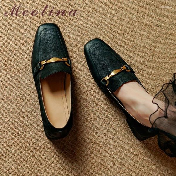 Chaussures décontractées Meotina Femmes Généreaux en cuir Vérics Toe Square Toe Flat Metal Decoration Fashion Ladies Footwes Automne Spring Noir 40