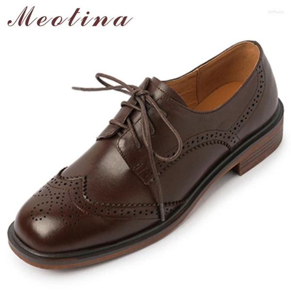 Chaussures décontractées Meotina femmes mocassins en cuir véritable plat bout carré à lacets chaussures pour dames printemps automne marron Oxfords