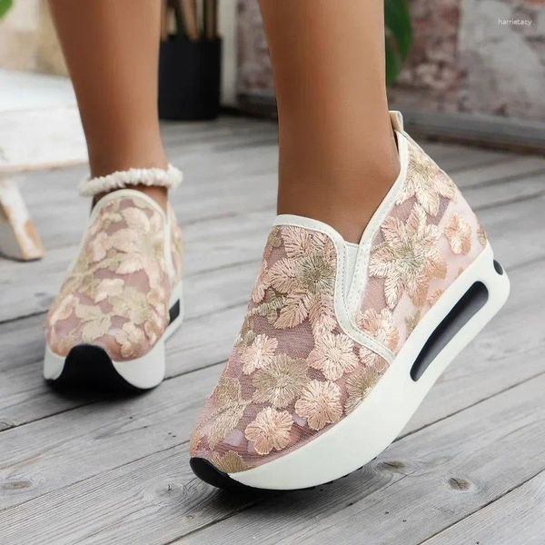 Chaussures décontractées Mesh High Heel Fashion Fashion Slip-On Adult Women's en vente 2024 Solid Spring Broider Vulcanize