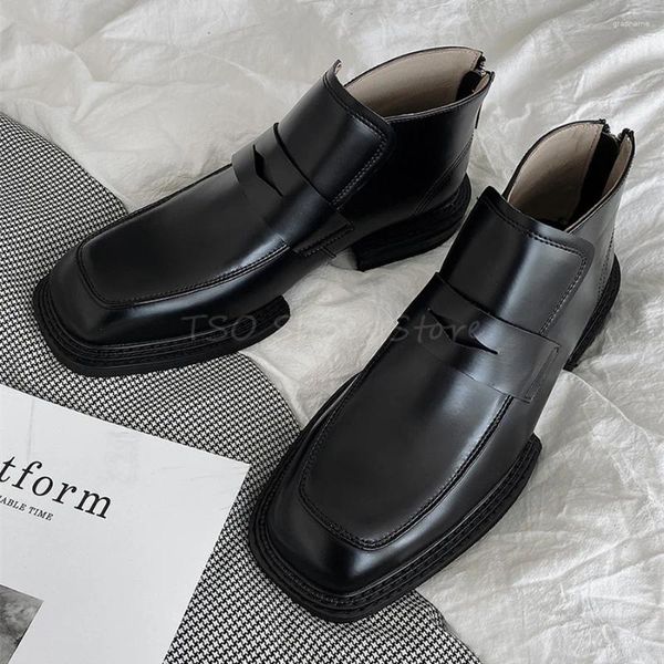 Chaussures décontractées Mid Top Cuir Robe Business Men's Black Square Toe Style Boots Bott