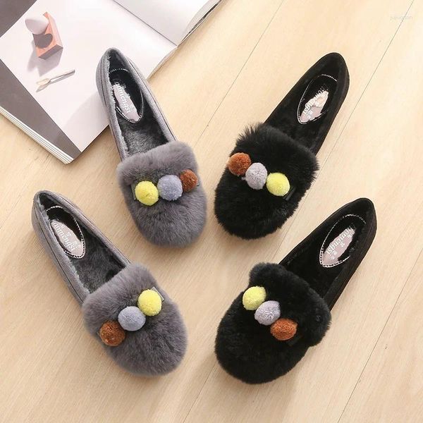 Chaussures décontractées Multicolore Pompon Appartements Lapins Fourrure Coton Pour Femmes Peu Profondes Slip Sur Mocassins Hiver Confortable Troupeau Bout Rond Mocassins Poilus