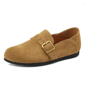 Casual schoenen Natuur Suede Dames Loafers Mode Lente Herfst Plat Bruin Zwart Beige Leer Dames Ronde Neus Gesp