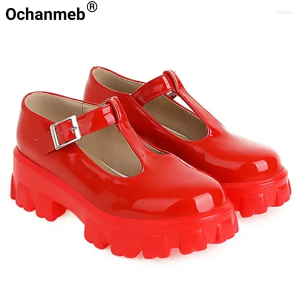 Chaussures décontractées Ochanmeb Brand Designer Designer Chunky Heels Platforms T-Strap Mary Janes Buckle Women Daily Red White Lolita Lovely Flats Shoe 43