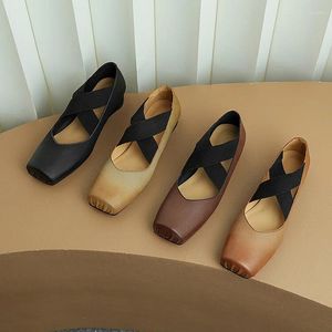 Casual schoenen Ochanmeb Retro Natural Lederen Ballet Flats Dames Square Toe Handmade Handgemaakte Cross Elastische Band Vintage Ballerina Shoe 42