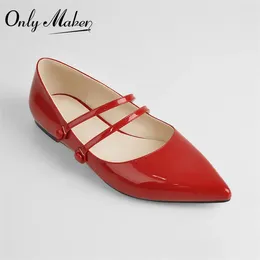 Casual schoenen Onlymaker Spring Pointed Toe slip-on flats smal Band knop Rood Kaki Bule Patent Leather Comfortabel Big Size Elegant