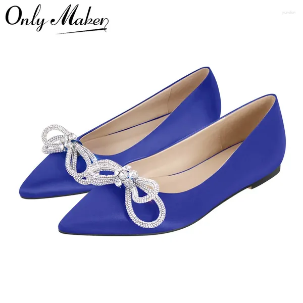 Chaussures décontractées Onlymaker femme appartements bout pointu bleu strass noeud clair plat quotidien élégant femme sans lacet