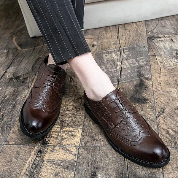 Chaussures décontractées Mocassins en cuir verni pour hommes Bout pointu À lacets Brogues Marron Business Semelle épaisse Designer Hommes