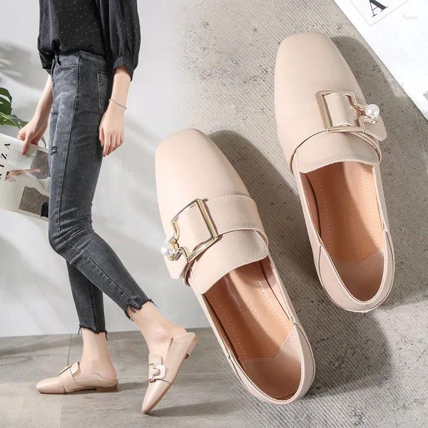 Zapatos informales con hebilla de perlas para Mujer, planos frescos de cuero, mocasines individuales sin cordones para perezosos, mocasines de talla grande 34-41