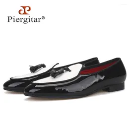 Casual schoenen Piergitar Design zwart lakleer stiksel wit canvas heren loafers mode feest- en bruiloftskwast
