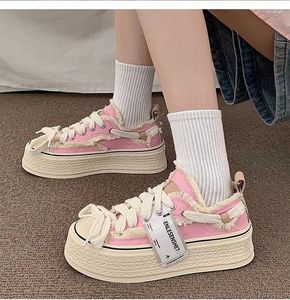 Zapatos informales, zapatillas de tenis con plataforma, zapatillas gruesas de lona rosa para mujer, suela gruesa, deshilachadas, con cordones, gótico elegante