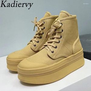 Casual Schoenen Platform Dames Sneakers Ronde Neus Veters Dikke Zool Hoogte Toenemende Canvas Designer Korte Laarzen Vrouw