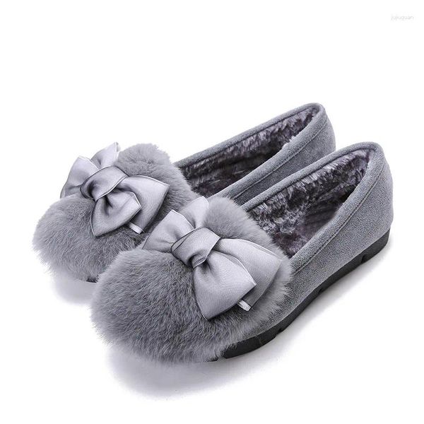 Chaussures décontractées mocassins de fourrure en peluche femme dentelle nœud nœud épais à grande taille coton chaud coton dames glisser sur les bottes de neige à la cheville