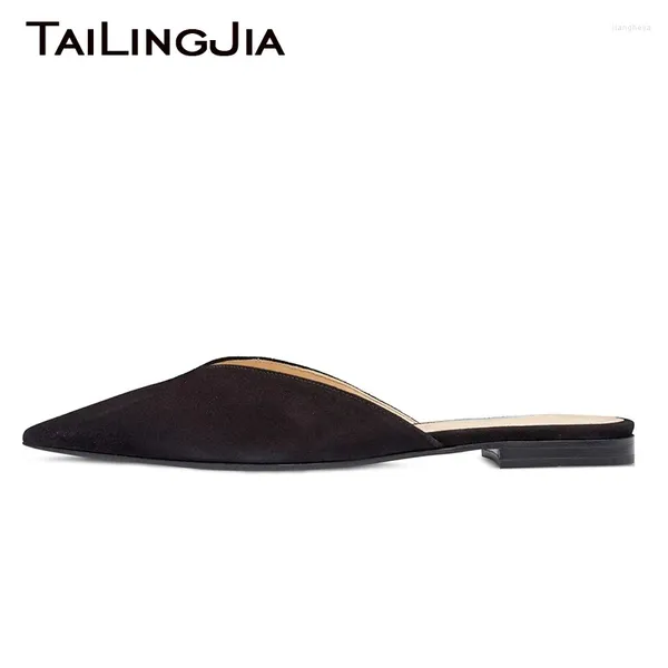 Zapatos informales Pisas de punta puntiaguda para mujeres 2024 Damas de verano Deslizamiento elegante en negro Faux Suede gran tamaño toboganes planos