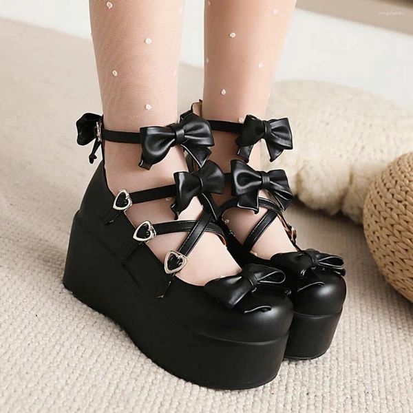 Chaussures décontractées Princesse Lolita Platform Mary Jane Girls Party Cross Strap Sweet Bow Sole Sole Wedge Femmes Pumps Taille 33-43