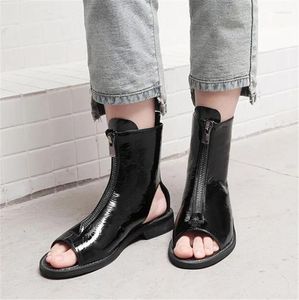 PXELENA – chaussures décontractées en cuir verni pour femmes, sandales de gladiateur à bout ouvert et fermeture éclair sur le devant, talons bas cubains, confortables, été, 2024