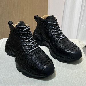 Zapatos Casuales Python High-top Tendencia De Los Hombres Con Cordones De Cuero Real Desgaste Negro