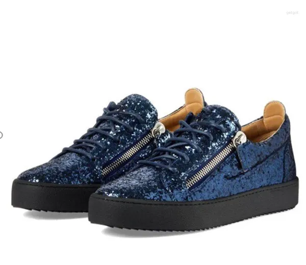 Chaussures décontractées Qianruiti hommes bleu noir paillettes Sneaker haut fermeture éclair plat fond épais Creepers à lacets Zapatillas Hombre EU38-EU46