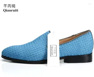 Chaussures décontractées Qianruti Men Blue Tishing Spol-On Locs Prom Wedding Flats Vintage Style pour EU39-47