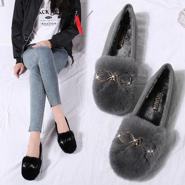 Zapatos casuales Mocasines de piel real Flats Flats de gran tamaño de invierno Cristal Bow Girls Mocassin Algodón esponjoso para dama