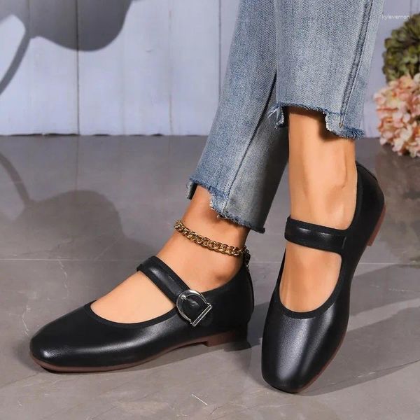 Zapatos informales Retro Spring Woman Toe Cuadro Sólido Lolita Mocasfas Black Ballerina Party Flats elegante Mary Jane Kawaii Barefoot