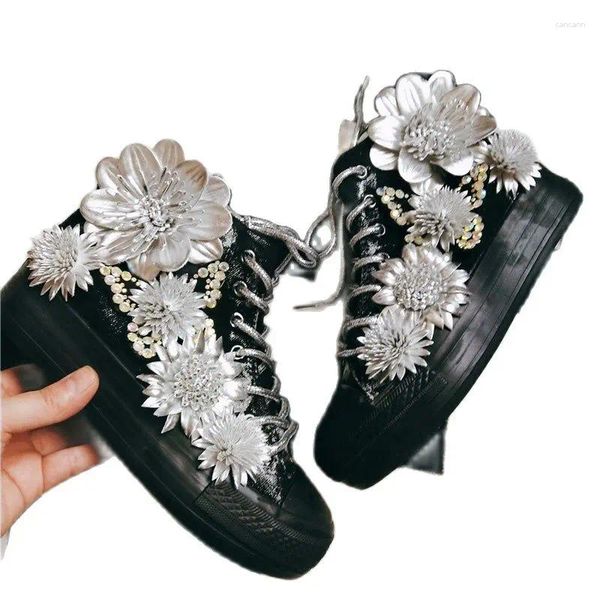 Zapatos Casuales Rhinestone Mujer Lona Plano Alto Top Manual 2024 Señoras 3D Flor Total Negro