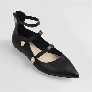 Casual schoenen RicheAlnana Woman Pointed Teen Black Flats Cross Strap Pumps Pearl Back Zipper Ladies Elegant Fashion Lente zomer