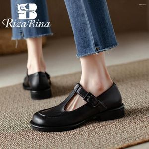 Casual Schoenen RIZABINA Echt Leer Vrouwen Platte Loafers RetroT-gebonden Ronde Neus Lage Hakken Dames Riem Gesp Ondiepe Kantoor