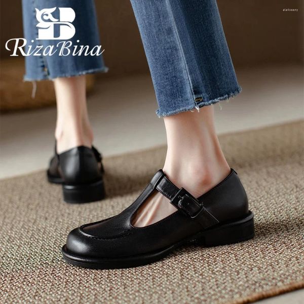 Zapatos informales RIZABINA de piel auténtica para mujer, mocasines planos con punta redonda y tacón bajo, hebilla de cinturón para oficina poco profunda